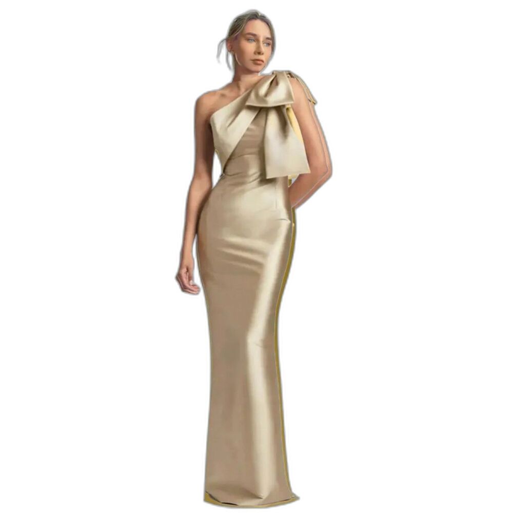 New Gold Metallic One Shoulder Satin Bridesmaid Evening Formal Dress Small